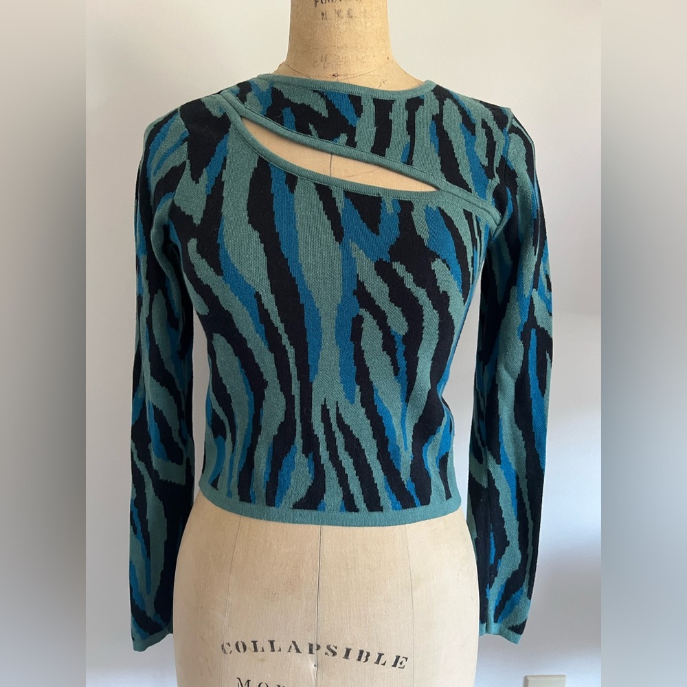 Bar III Teal/Blue/Black Zebra Print Cutout Sweater